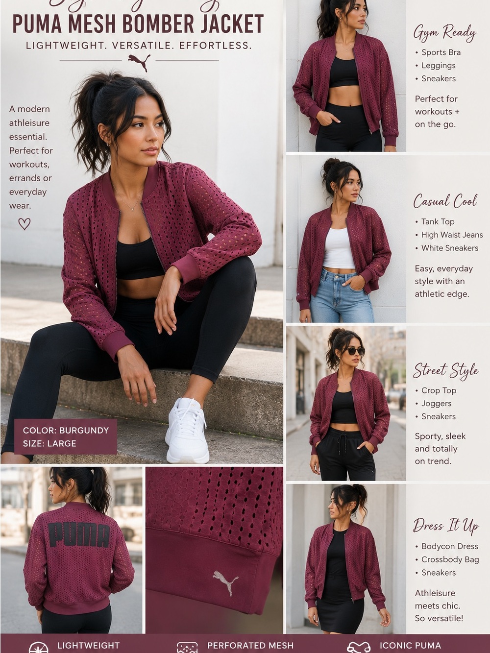 PUMA Burgundy Mesh Bomber Jacket Size L Athletic Zip-Up Lightweight